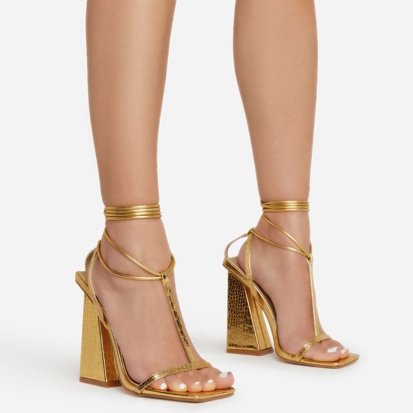 GOLD LACE UP T-BAR STRAPPY SQUARE TOE HEELS Heel Height: 4.5" - Picture 2 of 5